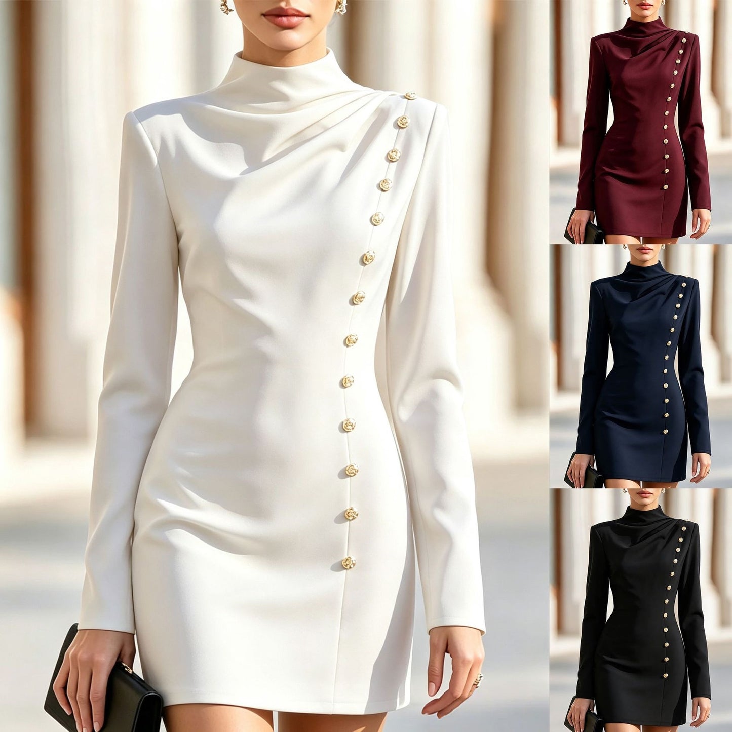 Half Turtleneck Pleated Slim Fit Metal Buckle Long Sleeve Skirts