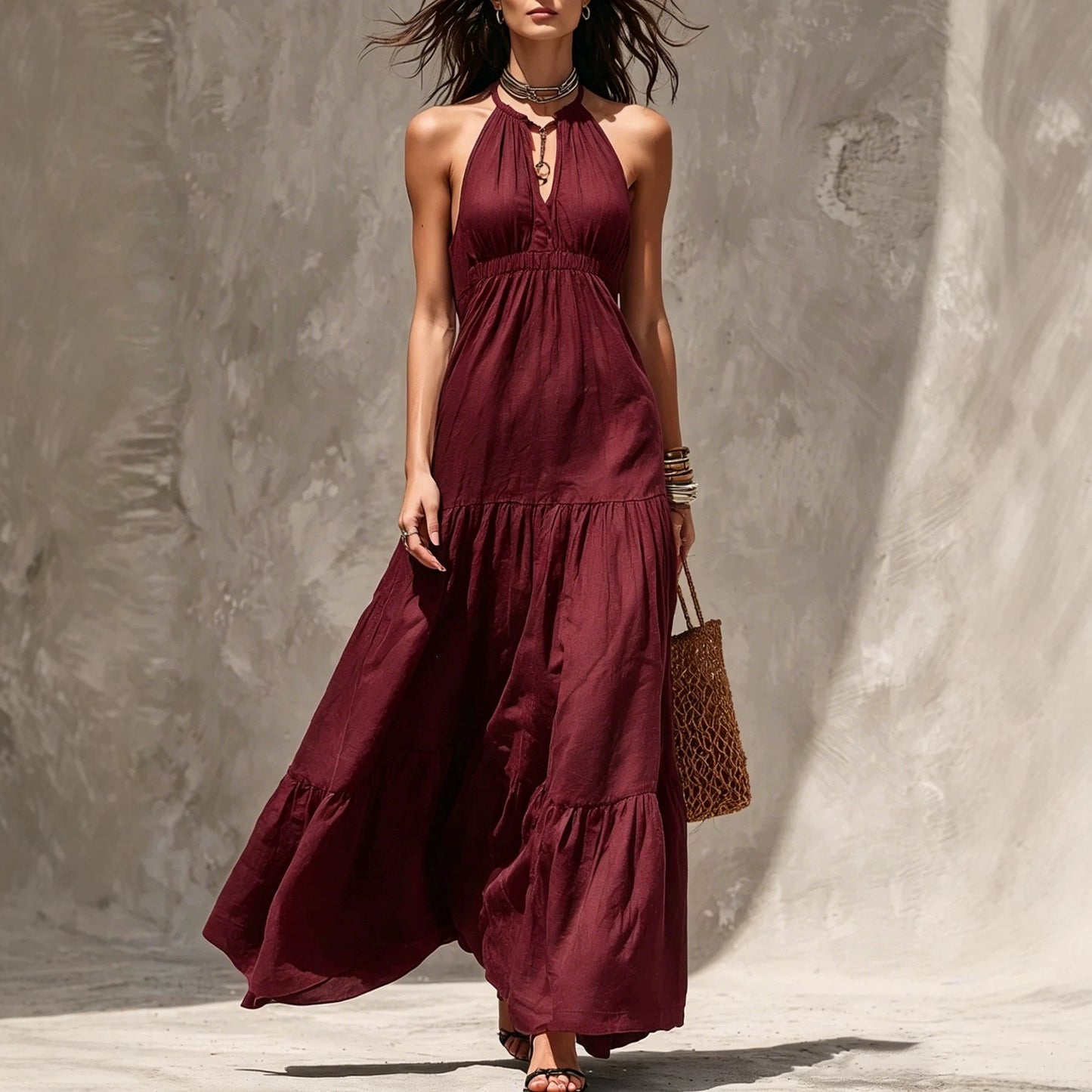 Women's High Waist Stitching Cotton Linen Holiday Dress