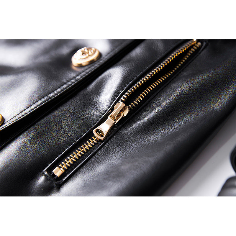 Leather Elegant Windbreaker Waist Trimming Below Coats
