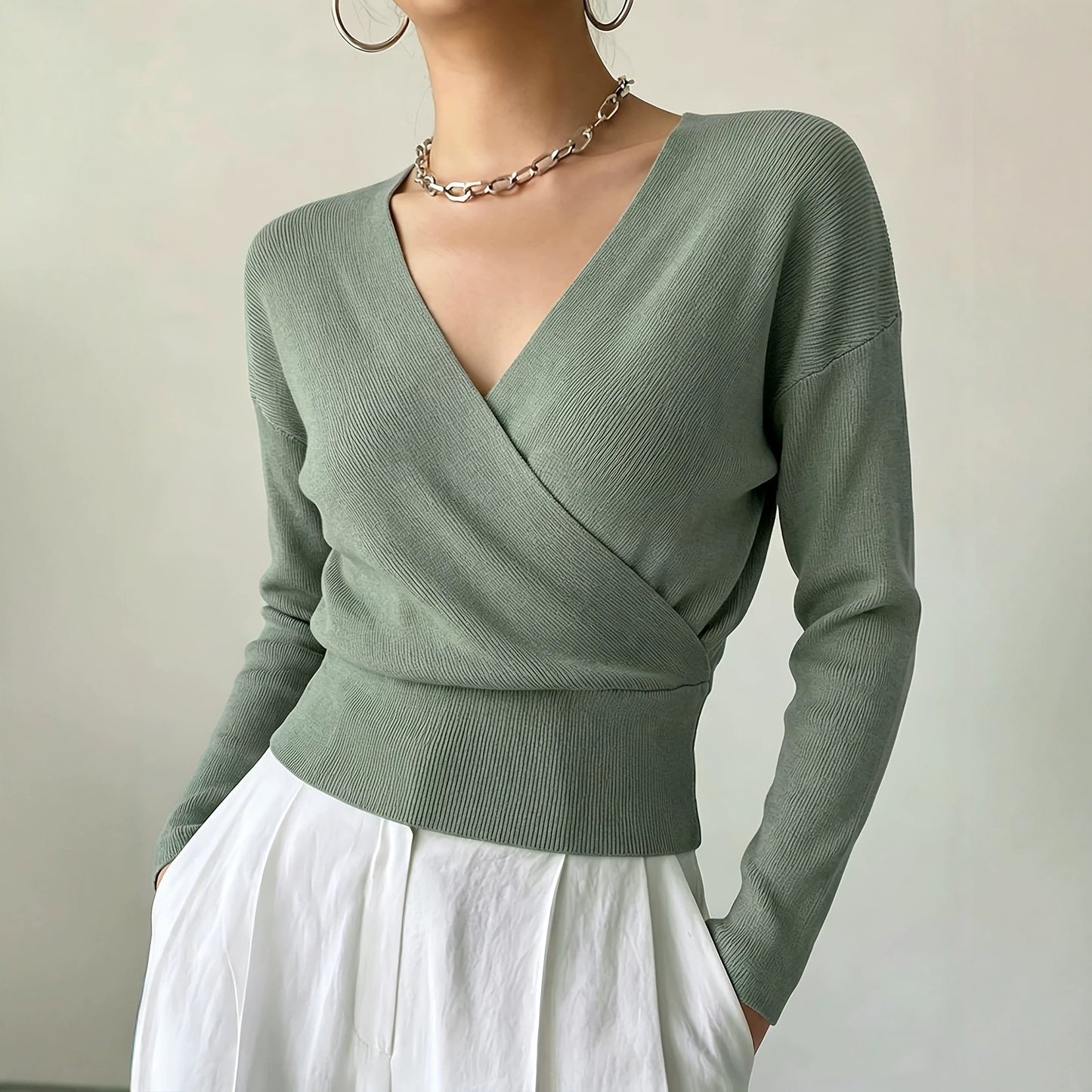 Women's Solid Color Fashion Cross Collar Tight Waist Design Show Figure Sweaters