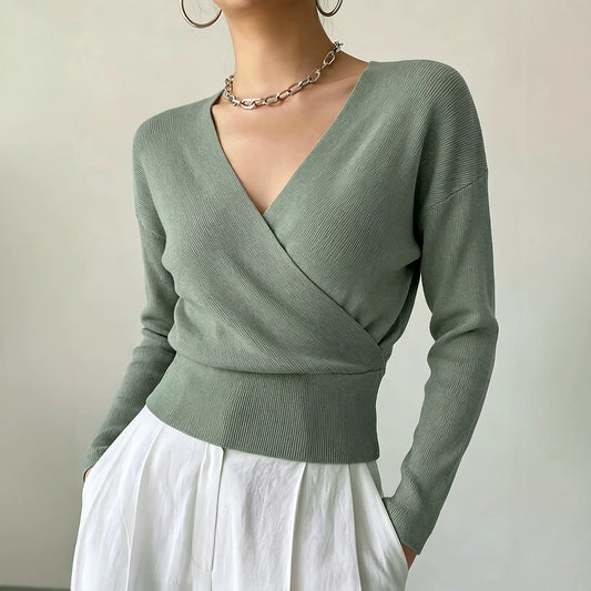 Women's Solid Color Fashion Cross Collar Tight Waist Design Show Figure Sweaters