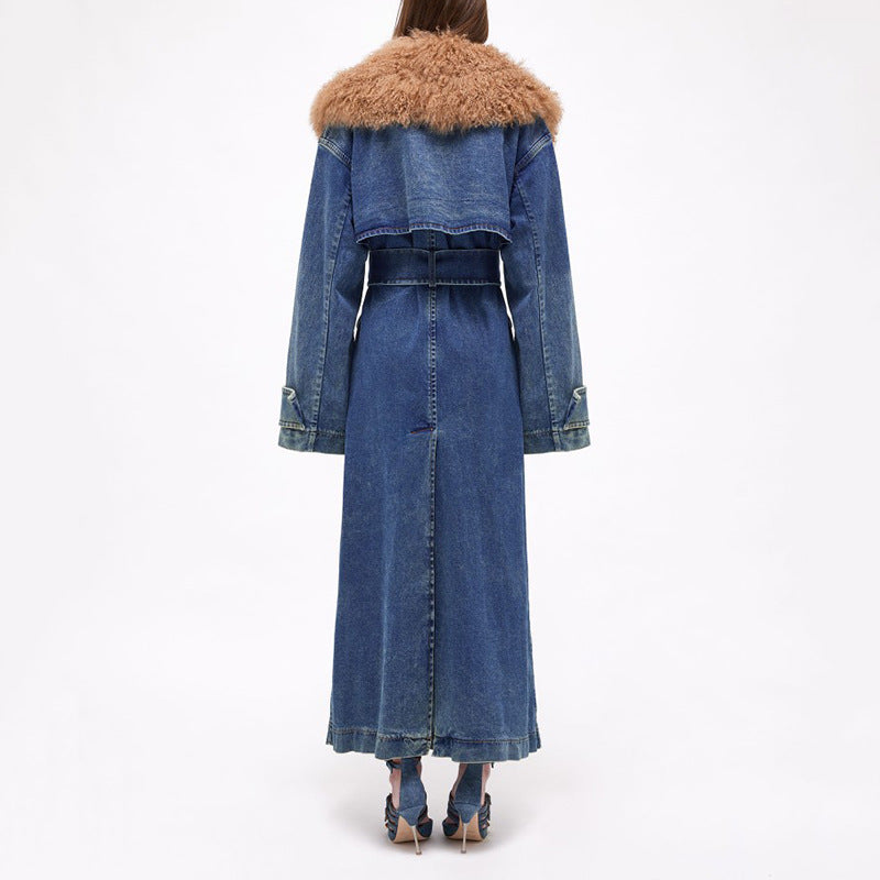 Long Denim Trench Winter Design Detachable Fur Coats