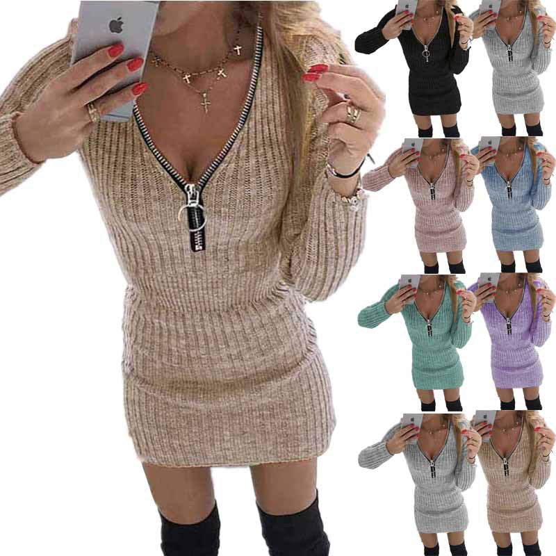Women's Zipper Long Sleeves Knitted Sheath Dress