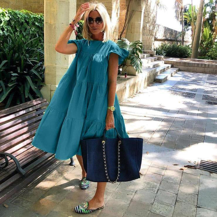 Women's Loose Pleated Short-sleeved Dress Solid Color Dresses
