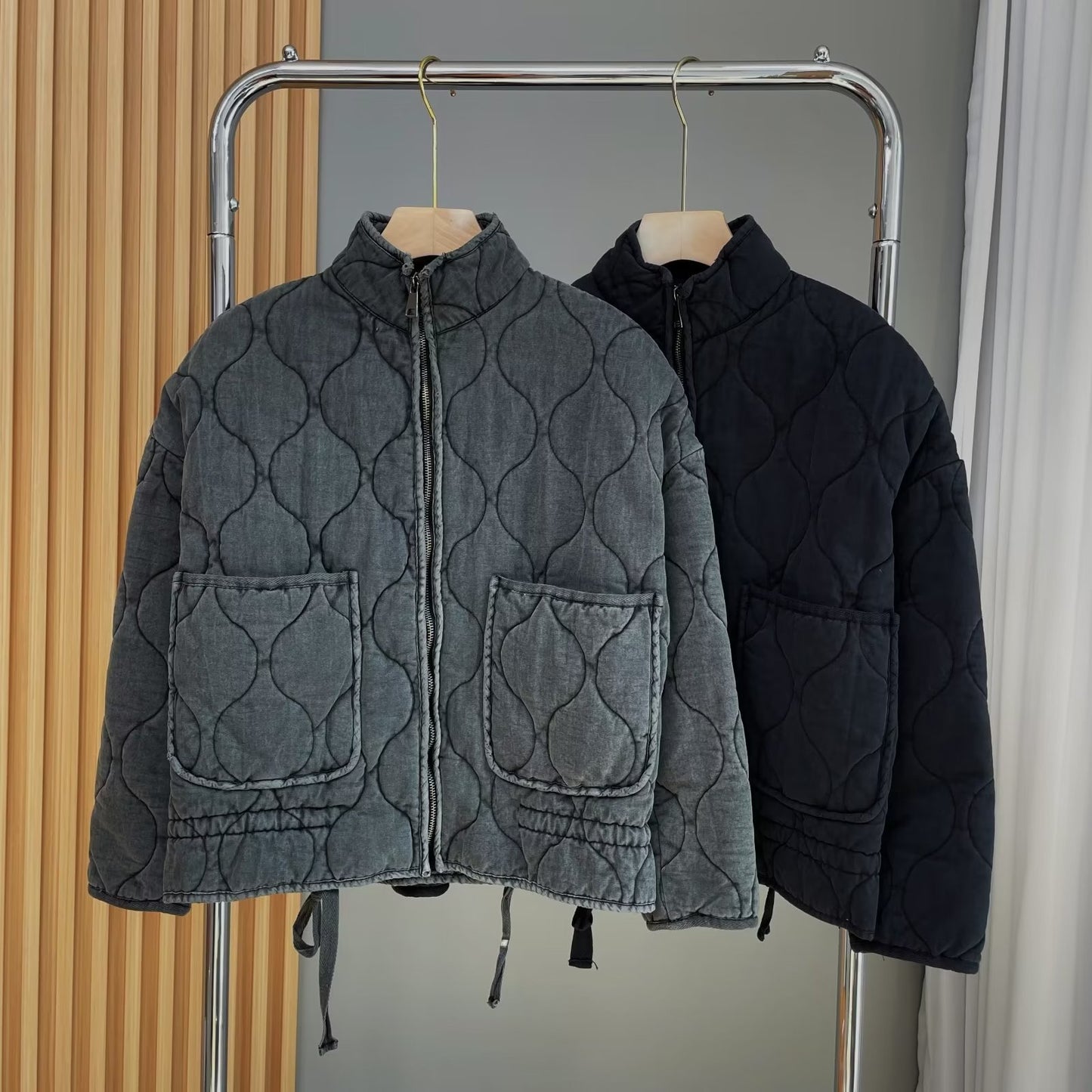 Women's Collar Zipper Large Pocket Long Sleeve Coats