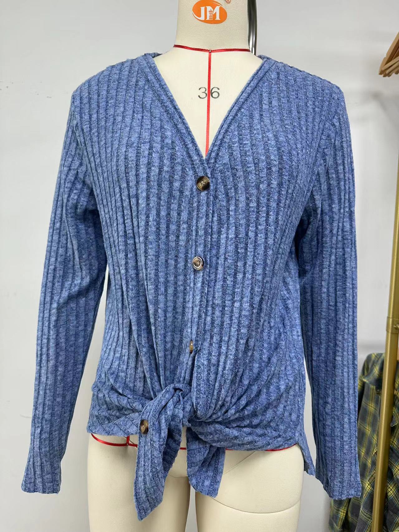 Women's Solid Color Long Sleeve Button Knitted Emerized Women's Sweater