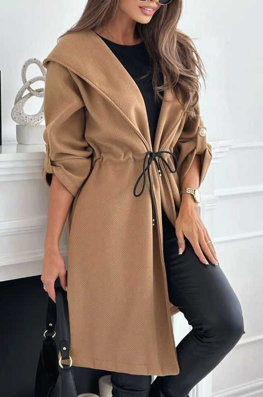Women's Hooded Lapel Tied Casual Long Sleeve Coats
