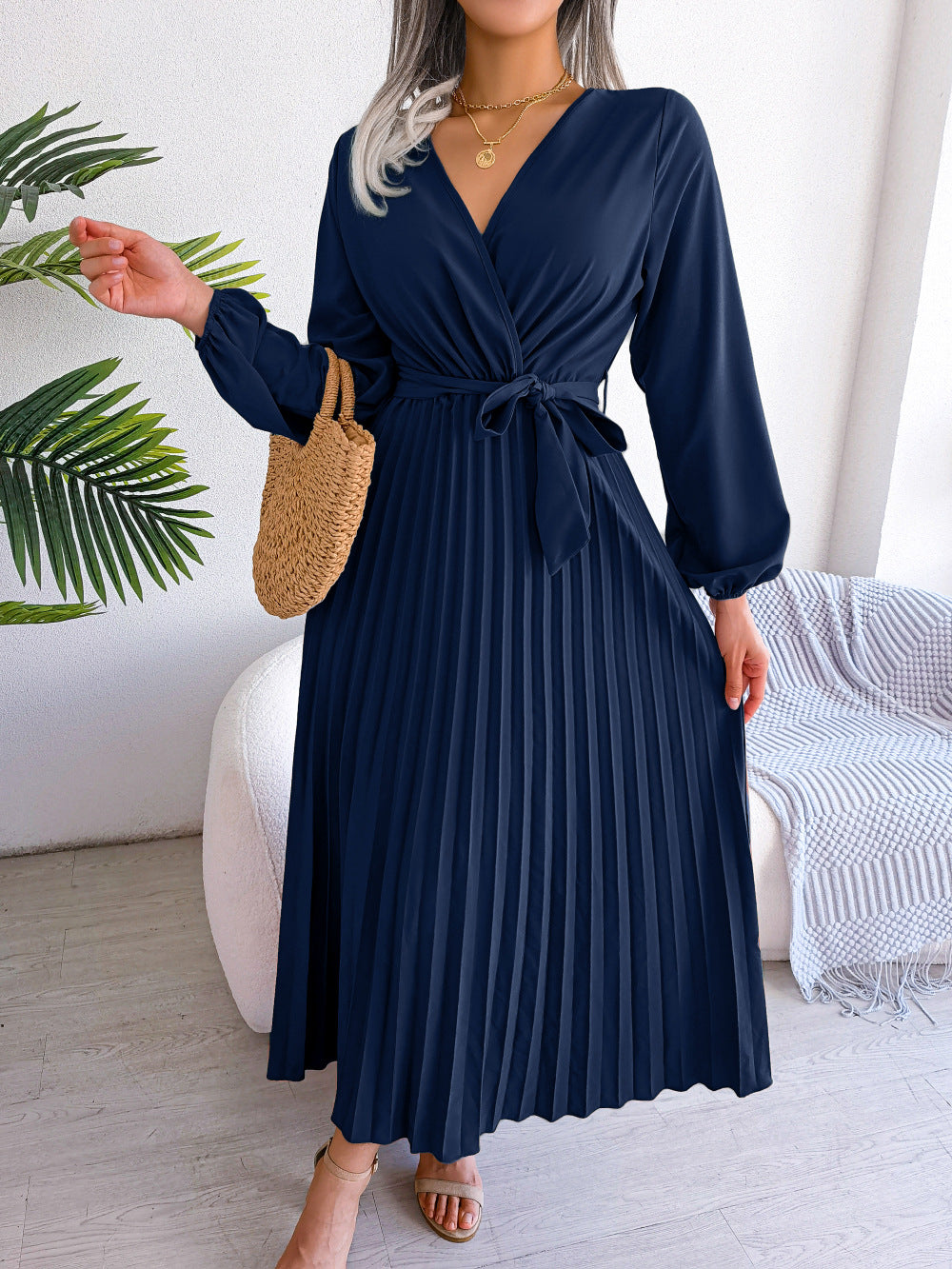 Women's Elegant Cross Swing Pleated Maxi Dress
