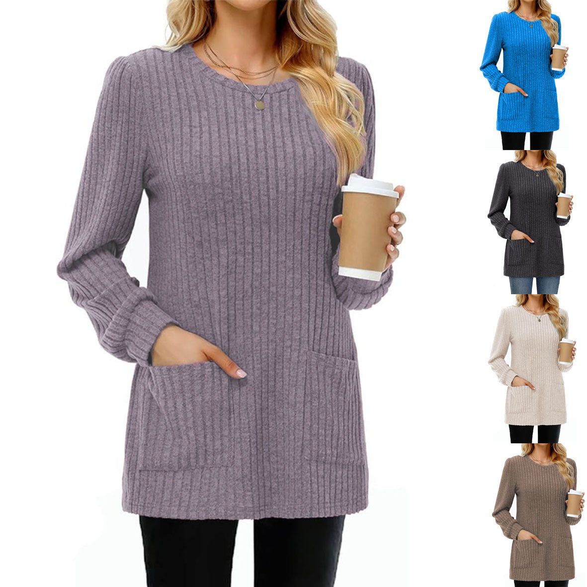 Mid-length Casual Round Neck Sunken Stripe Solid Sweaters