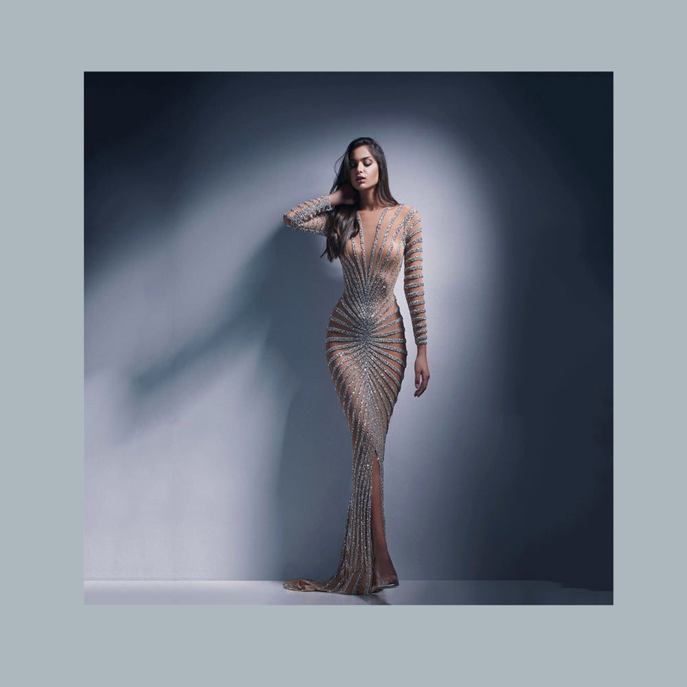 Women's Spring Fashion Rhinestone Mesh Long Sleeve Split Dress