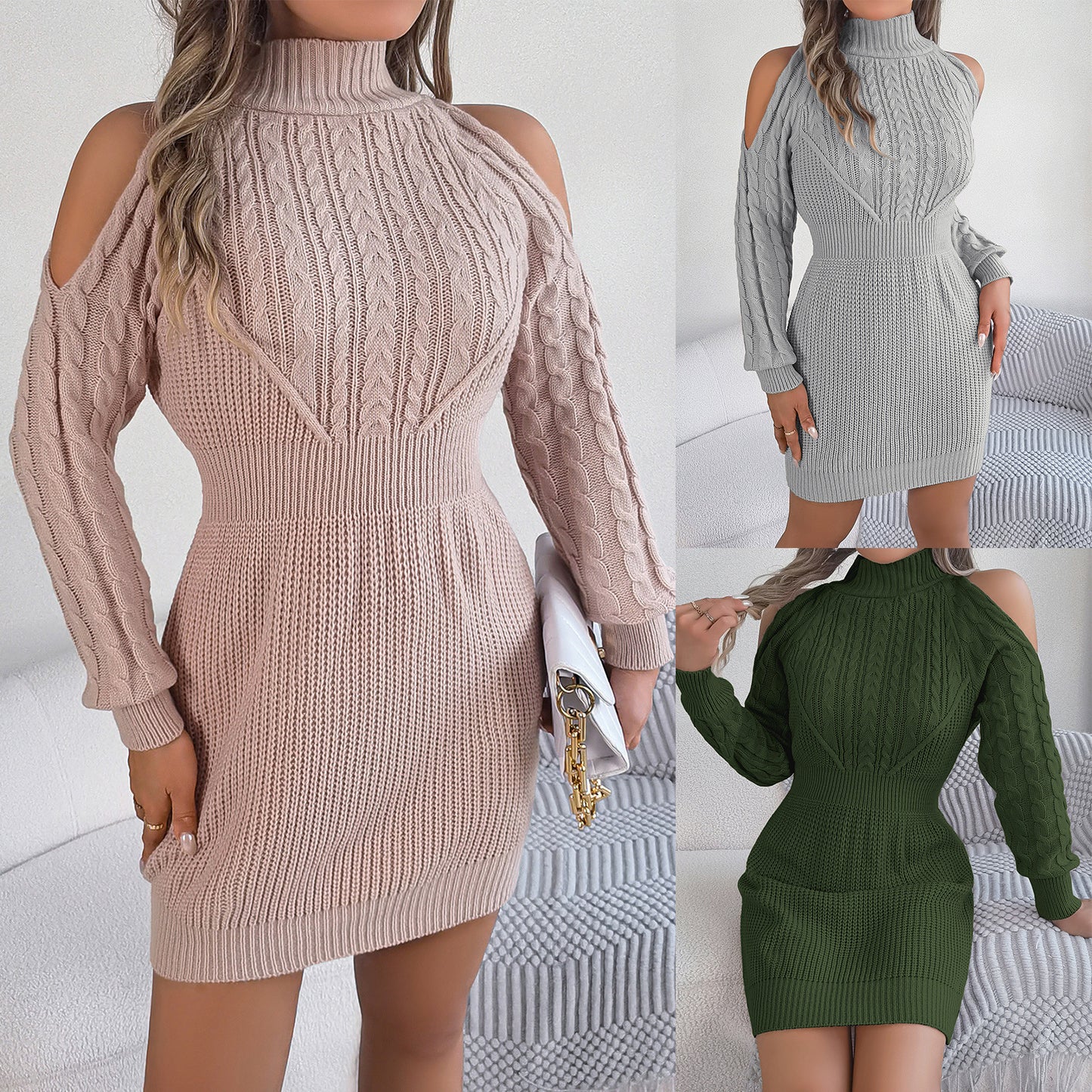 Women's Casual Half Turtleneck Twist Lantern Sleeve Dress