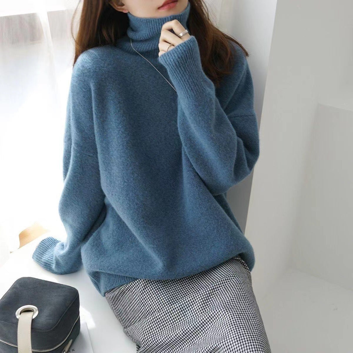Women's Solid Color Turtleneck Loose Knitted Pullover Lazy Bottoming Sweaters