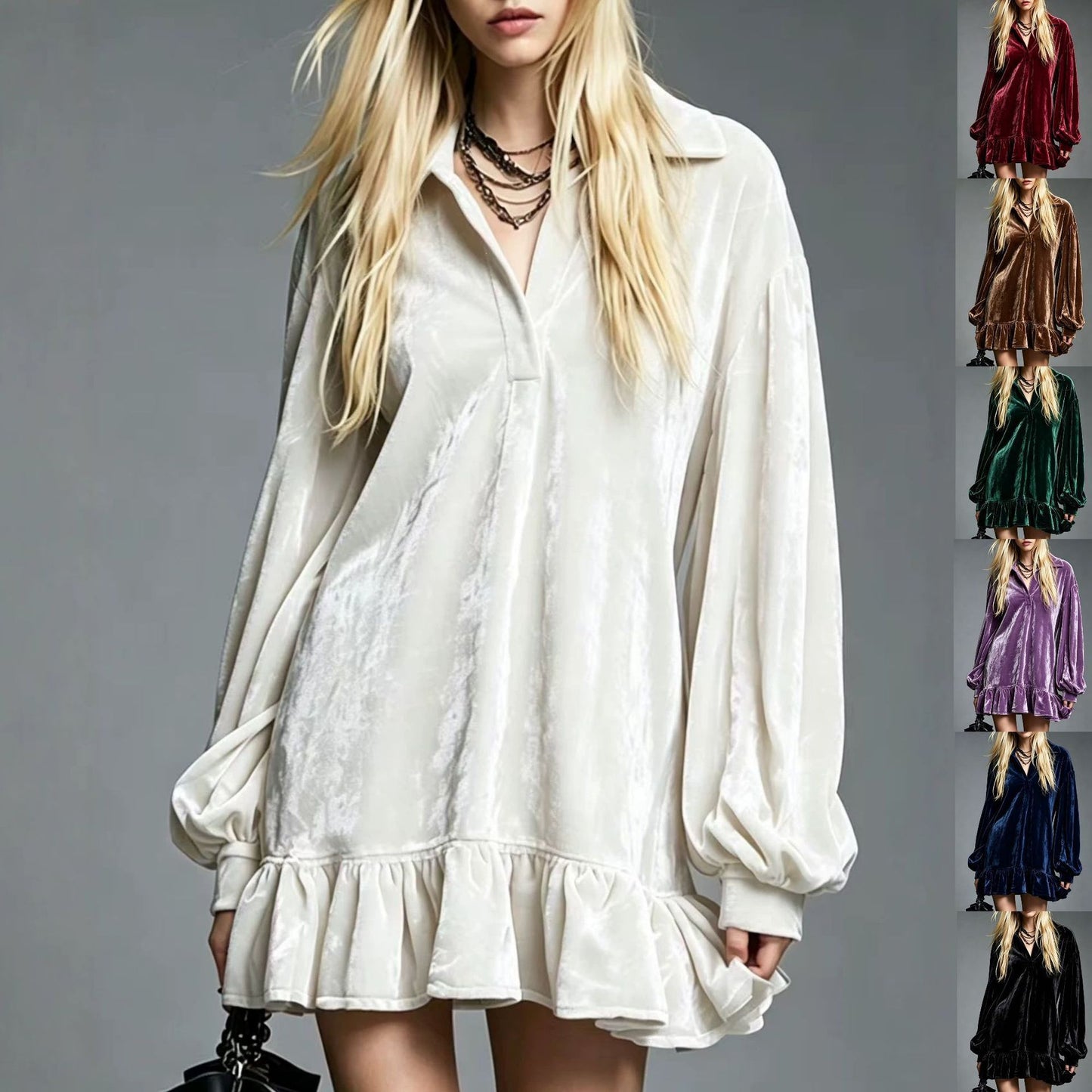 Women's Gentle Veet Lantern Sleeve Ruffled Lapel Dress