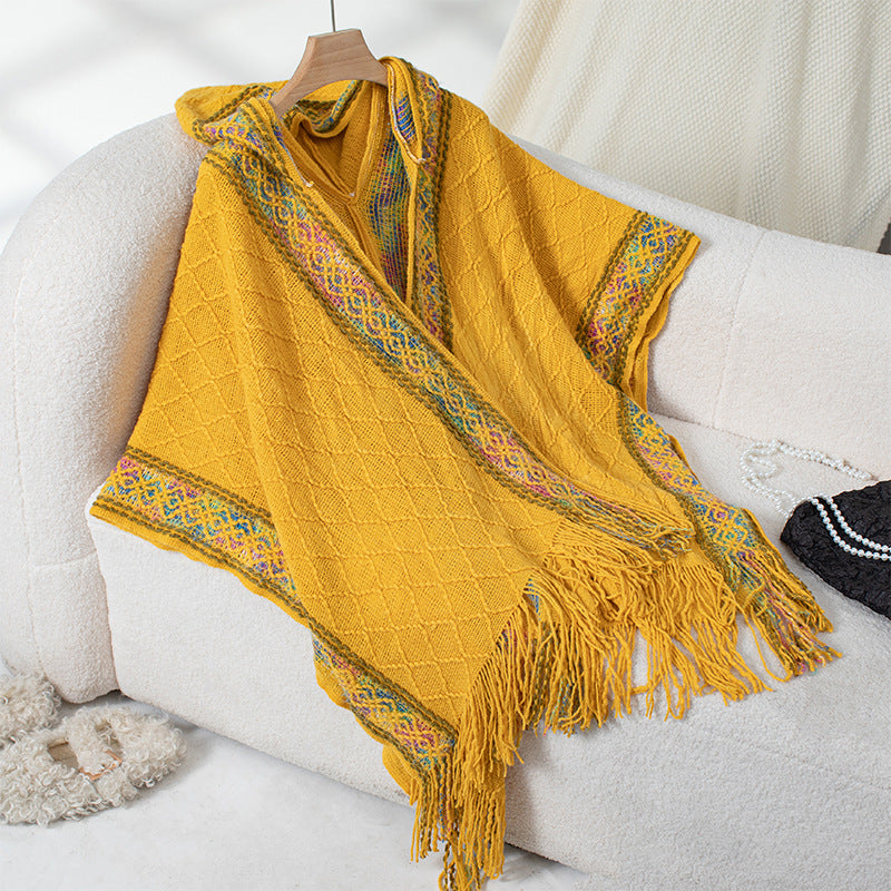 Women's Ethnic Style Knitted Hooded Tassel Cape Women's Sweater