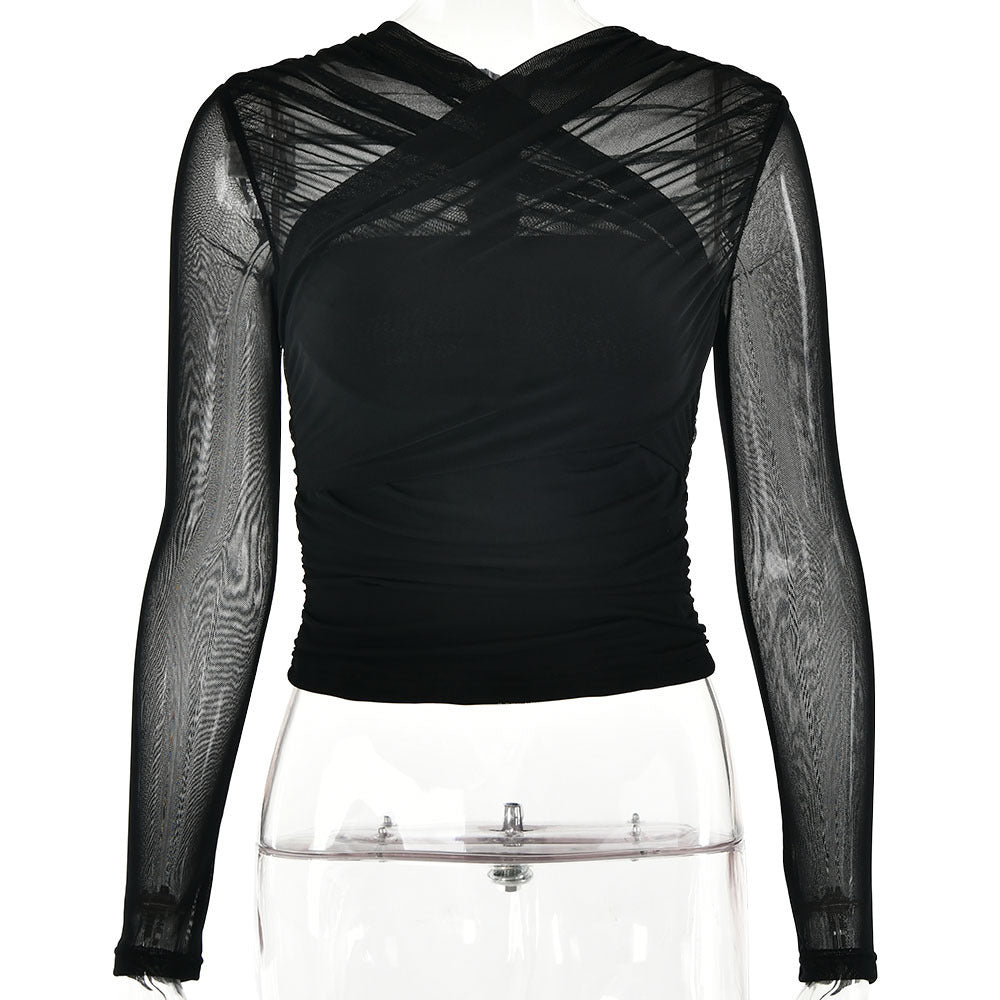 Women's Fashion Sexy Hot Mesh Stitching Zipper Blouses