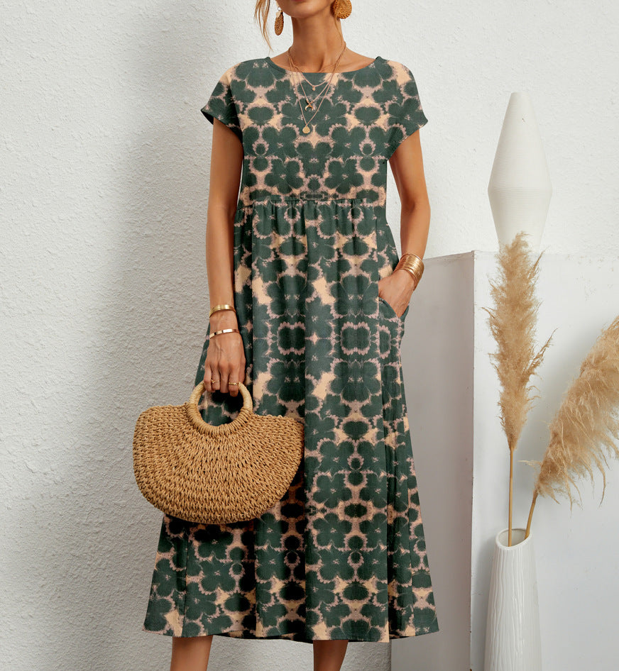 Women's Cotton Linen Sleeveless Round Neck Printed Dresses