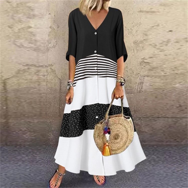 Summer Sleeve Printed Long Dress Button Dresses