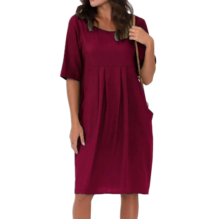Women's Summer Cotton Linen Pleated Pocket Casual Loose Round Neck Dress