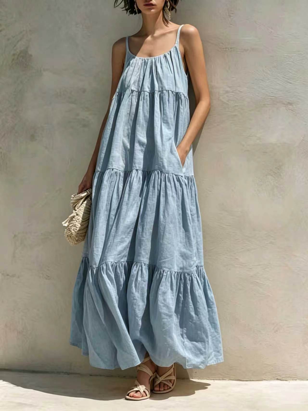 Summer Sleeveless Strap Elegant Stitching A- Dress