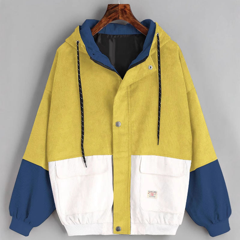 College Style Loose Color Matching Hooded Coats