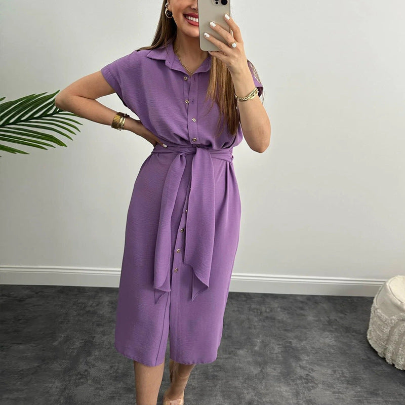 Women's Solid Color Polo Collar Single-breasted Sleeve Shorts