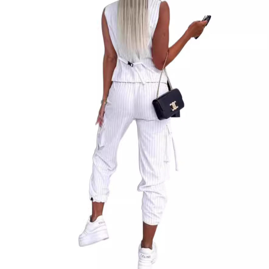 Stylish Classic Women's Printed Sleeveless Trousers Fashion Casual Suit