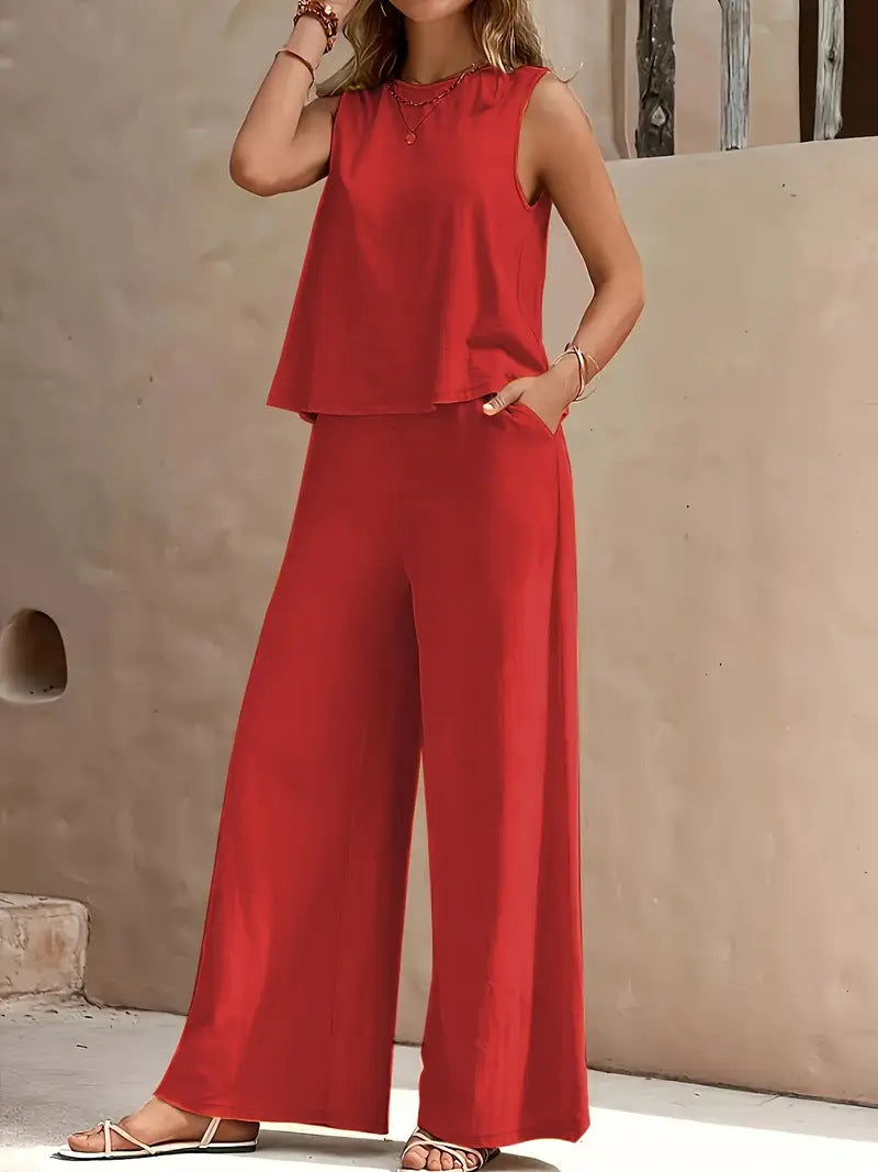 Women's Solid Color Elegant Two-piece Crew Neck Suits