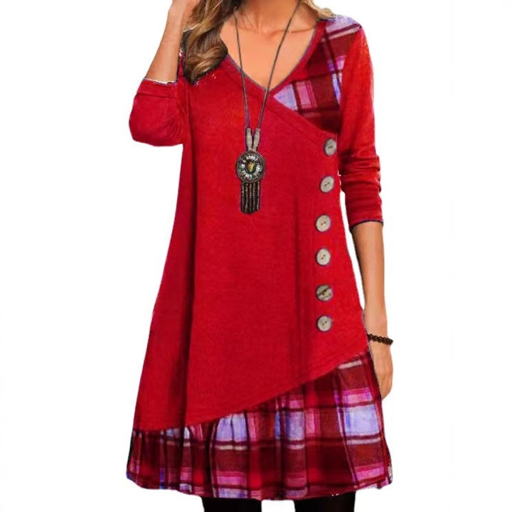Women's Casual Patchwork Button Long Sleeve Dress
