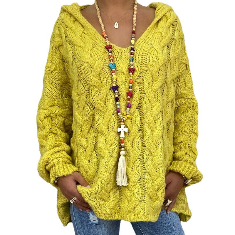 Women's Solid Color Twist Knitted Hoodie Sweater