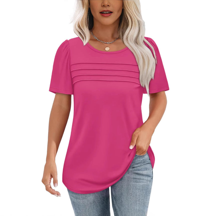 Women's Summer Round Neck Sleeve Chest Tuck Line Blouses