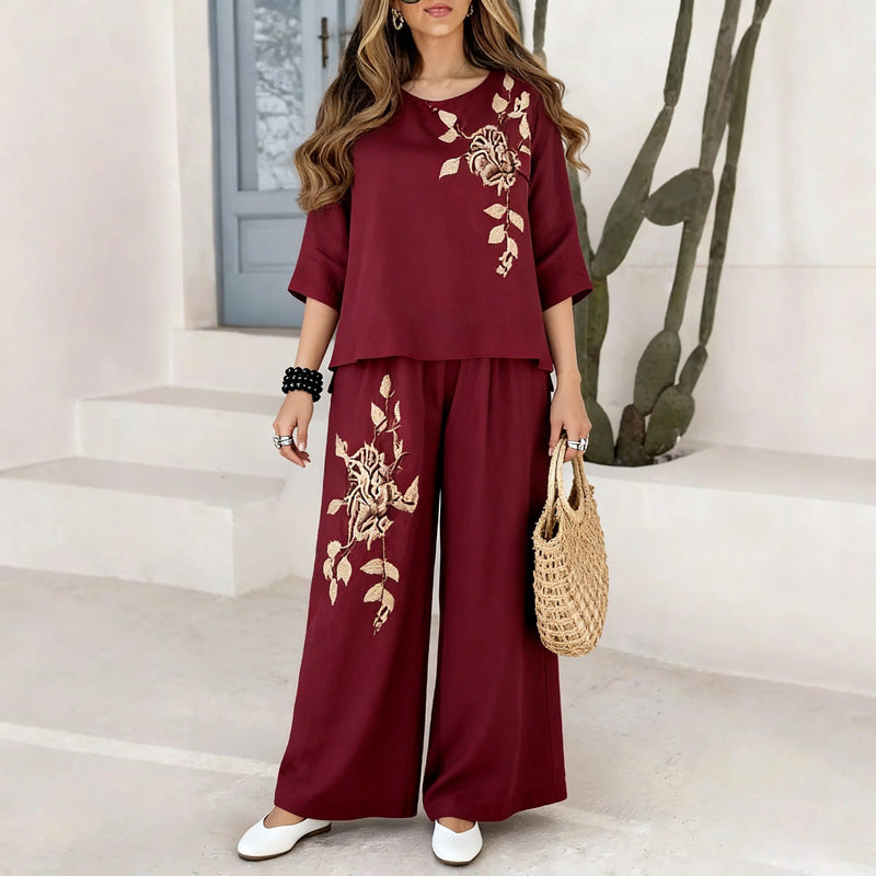 Women's Cotton Linen Vintage Embroidery Summer Two-piece Pants