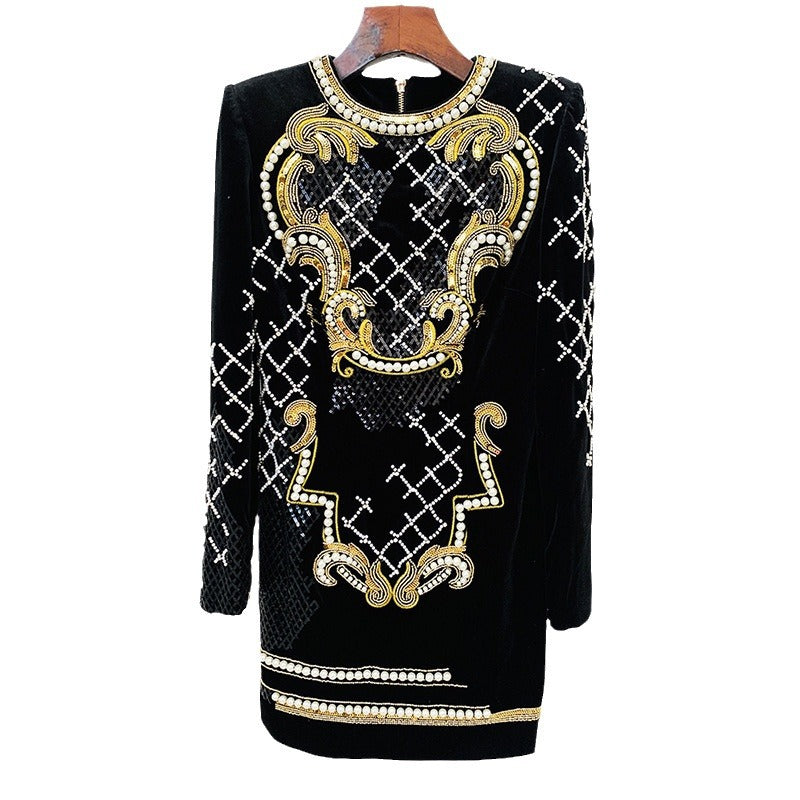 Diamonds Bead Long Sleeve Gold Veet Dress