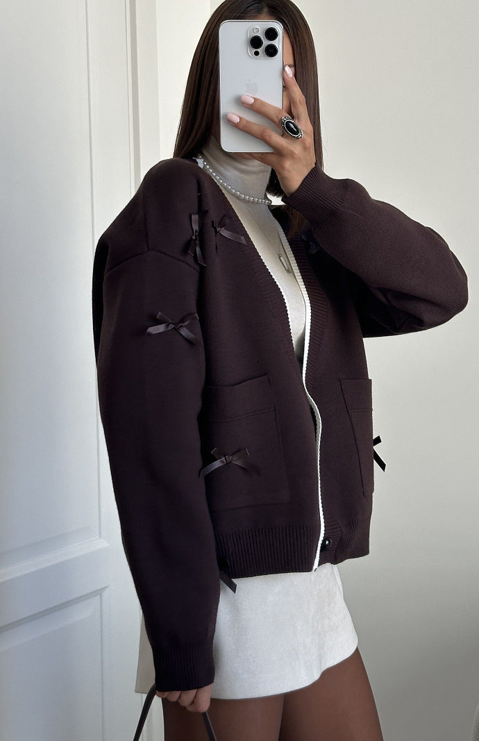 Bow Long Sleeve Loose Contrast Color Sweaters