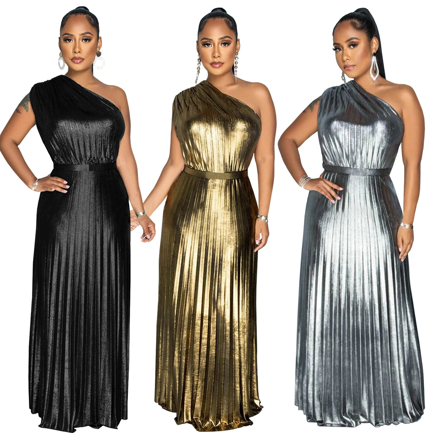 Women's Wear Elegant Bronzing Slant Shoulder Sleeveless Solid Dresses