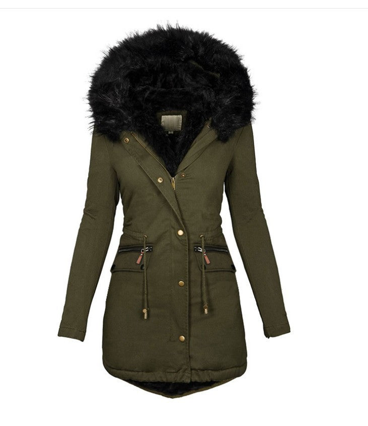 Women's Solid Color Fur Collar Hood Mid-length Coats