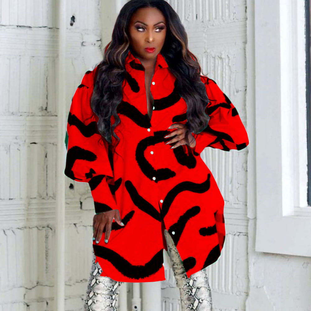 Loose Temperament Commuter Printing Lapel Shirt Dress