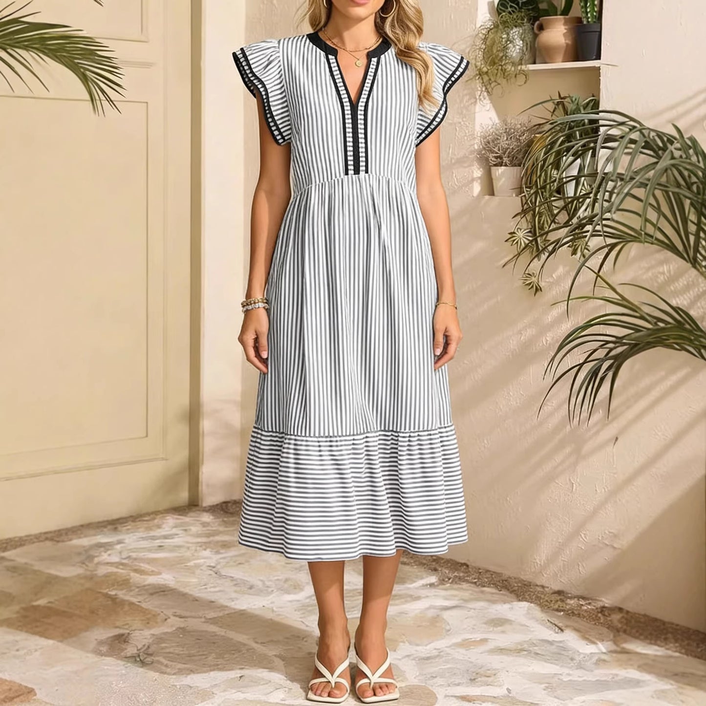 Women's Fashion Striped Double Frill Sleeve Contrast Dress