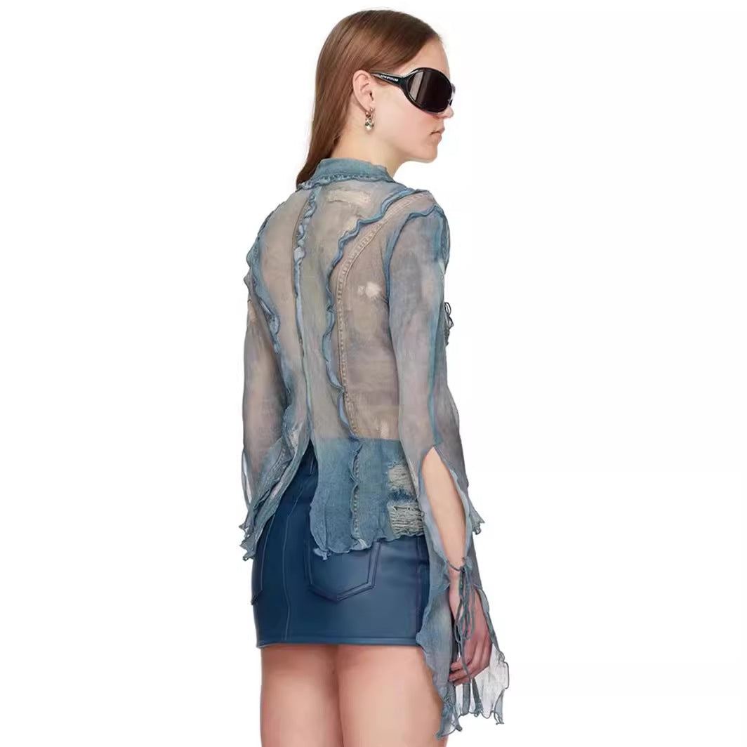 Ripped Denim Printing Shirt Female Hot Blouses