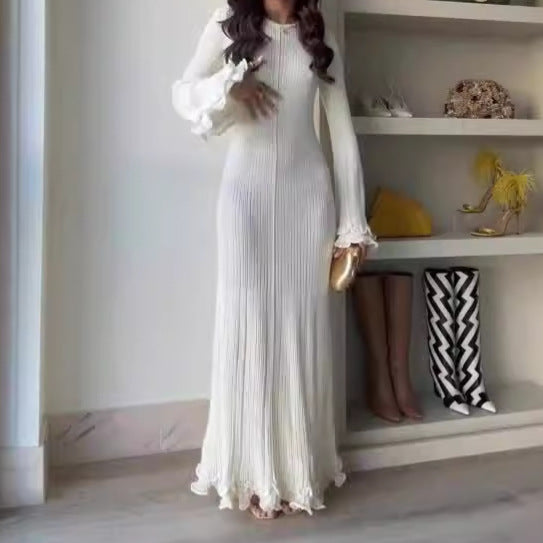 Women's Color Round Neck Long Sleeve Slim Fit Stringy Dresses