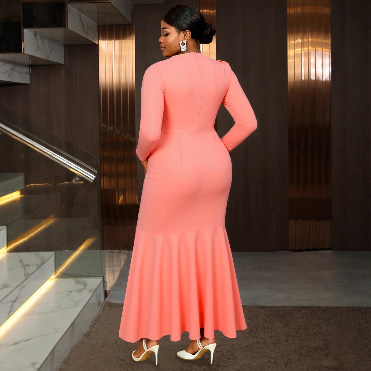 Women's Pink Three-dimensional Flower Long-sleeved Fishtail Dress Elegant Dresses