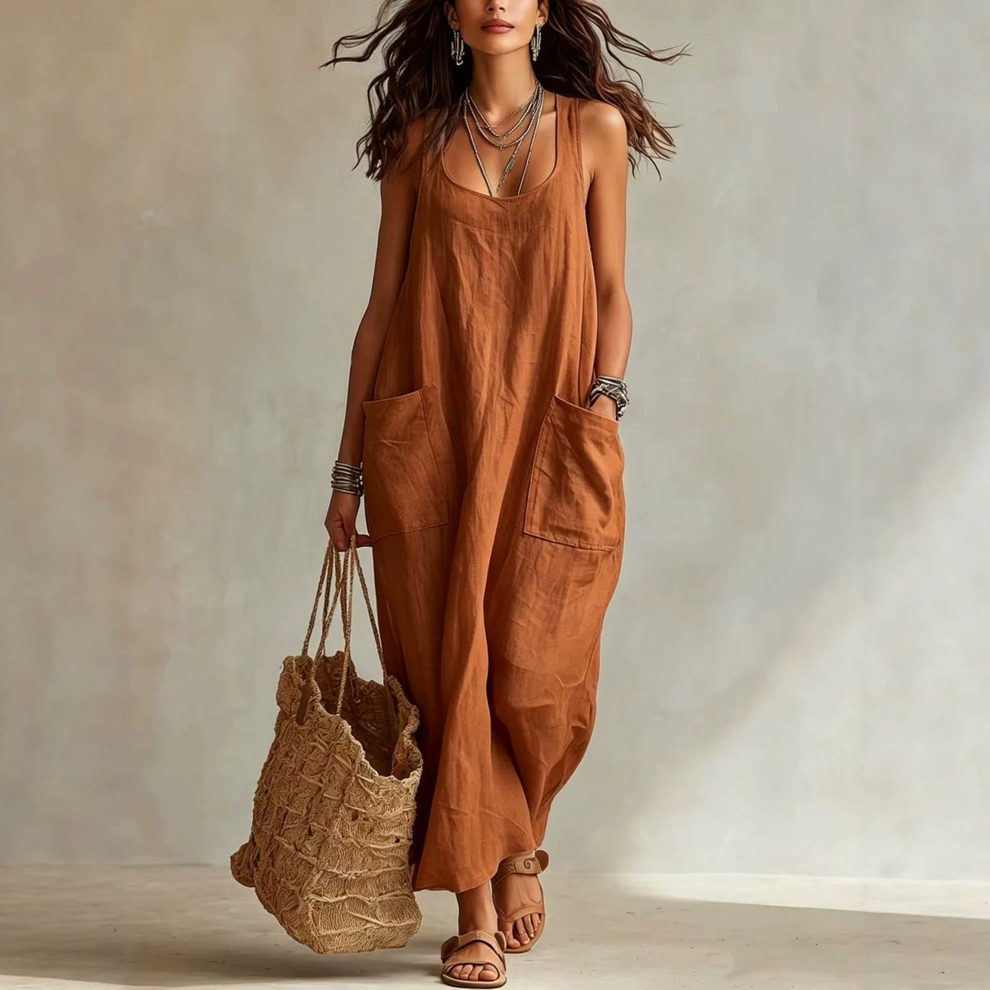 Women's Summer Elegant Casual With Big Pockets Strap Dress