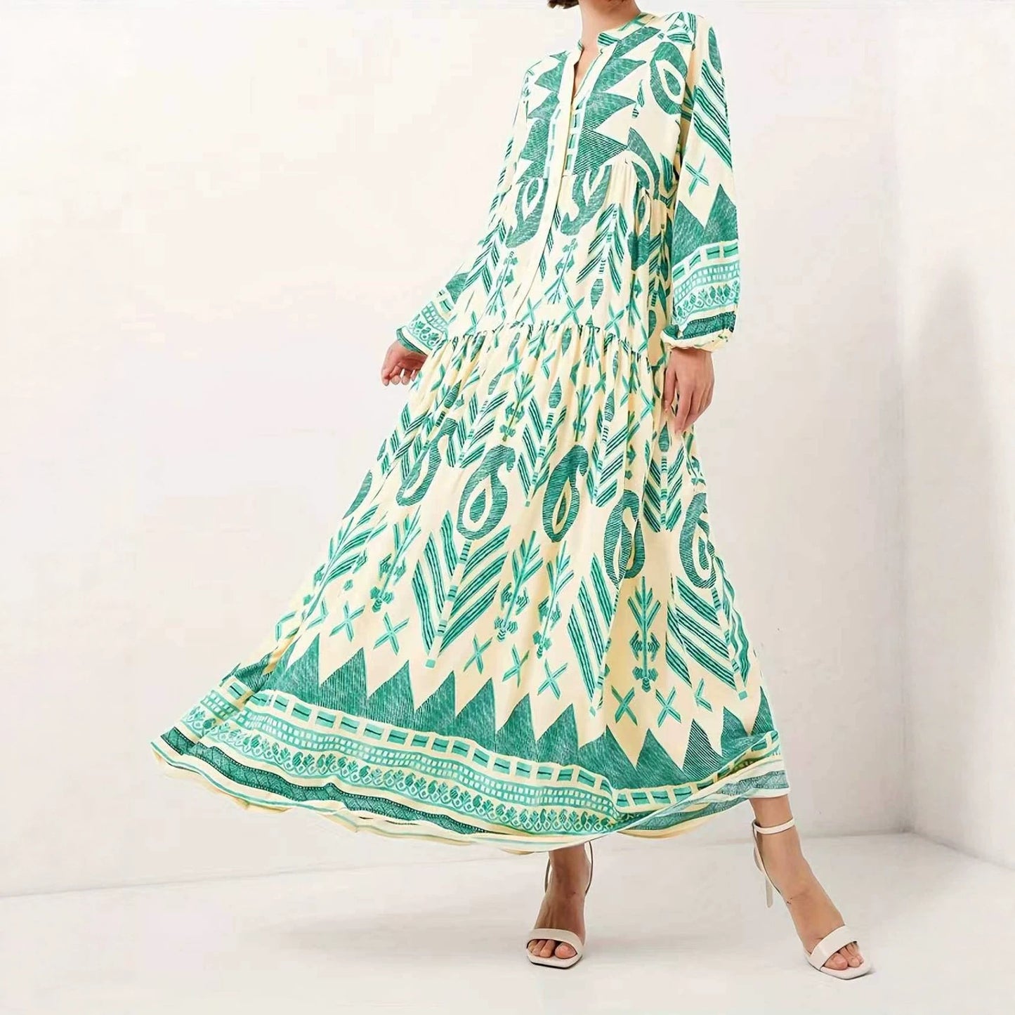 Women's Green Dignified Elegant Soft Comfort Printing Long Dress
