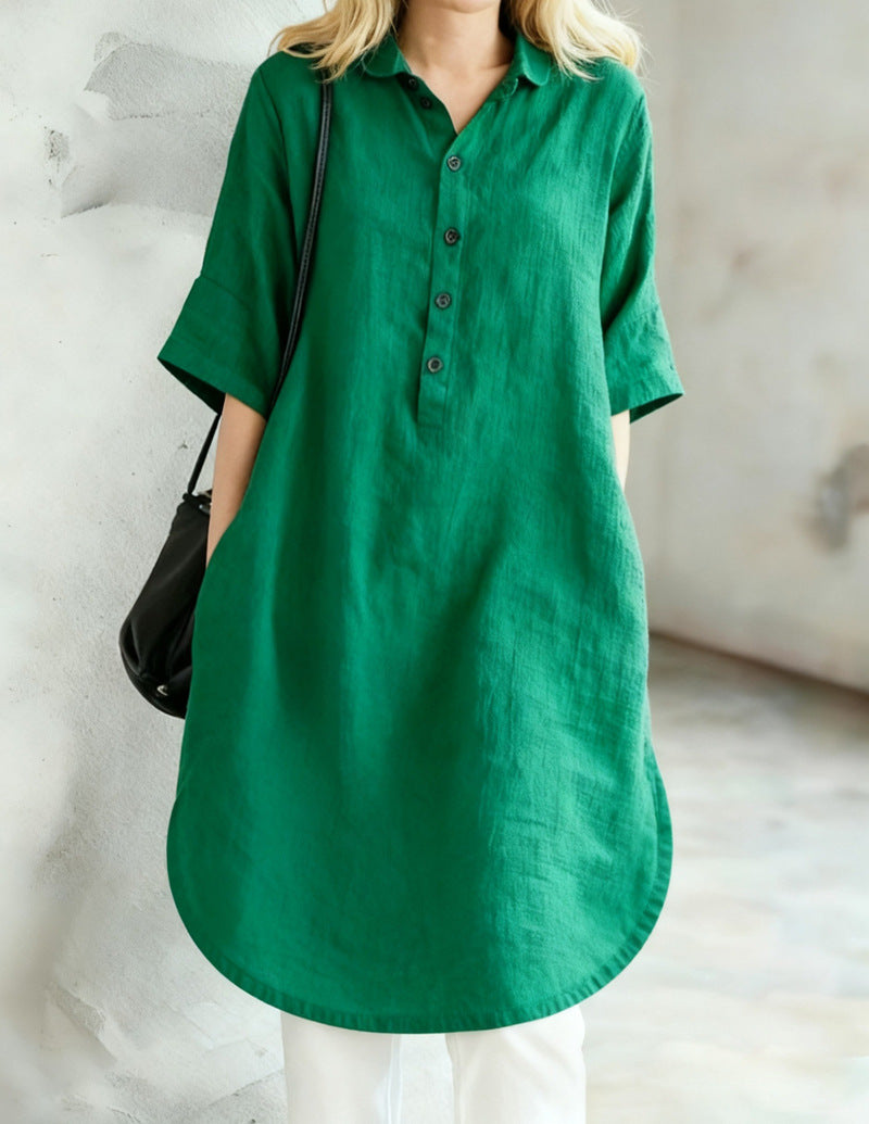 Casual Cotton Linen Sleeve Loose Shirt Dress