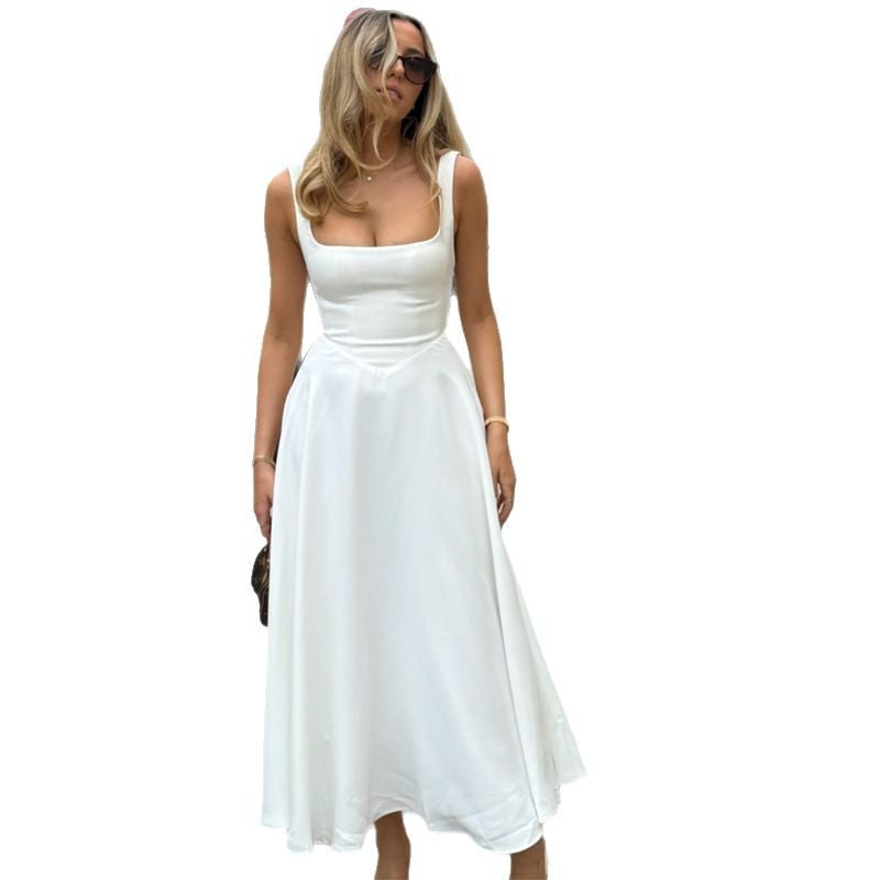 Women's Summer Temperament Square Collar Sleeveless Waist Trimming Dress