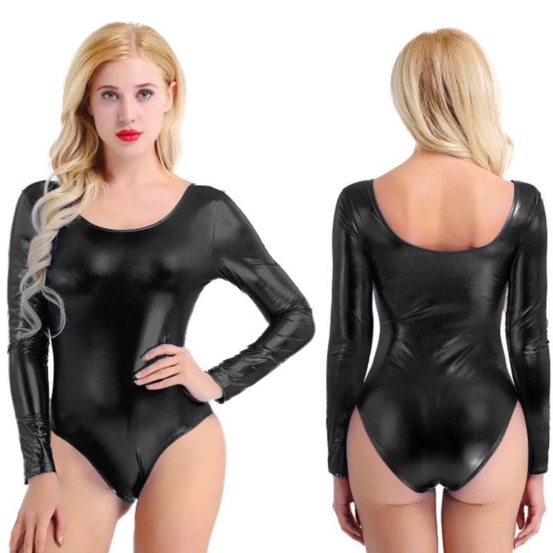 Women's Sexy Tight Patent Leather Long-sleeved Swimsuit Jumpsuits