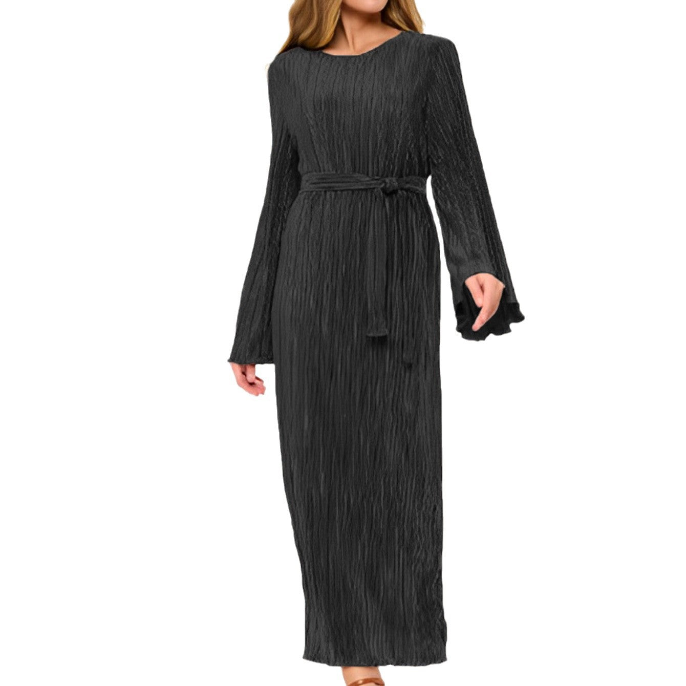 Women's Pleated Bell Sleeve Crew Neck Casual Holiday Idle Dress