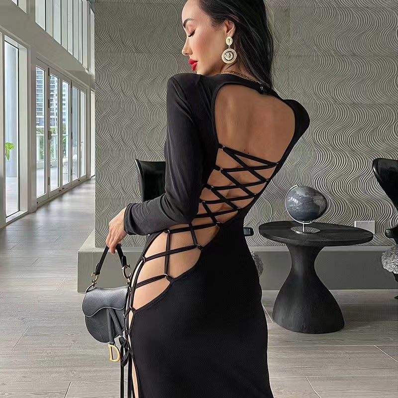 Women's Color Beveled Split Long Sleeve Slim Fit Tied Sexy Dress