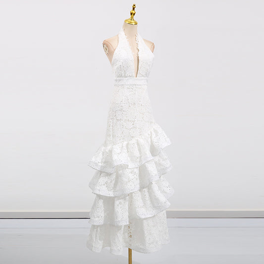 French Elegant Ruffled Long Dress Pure White Dresses