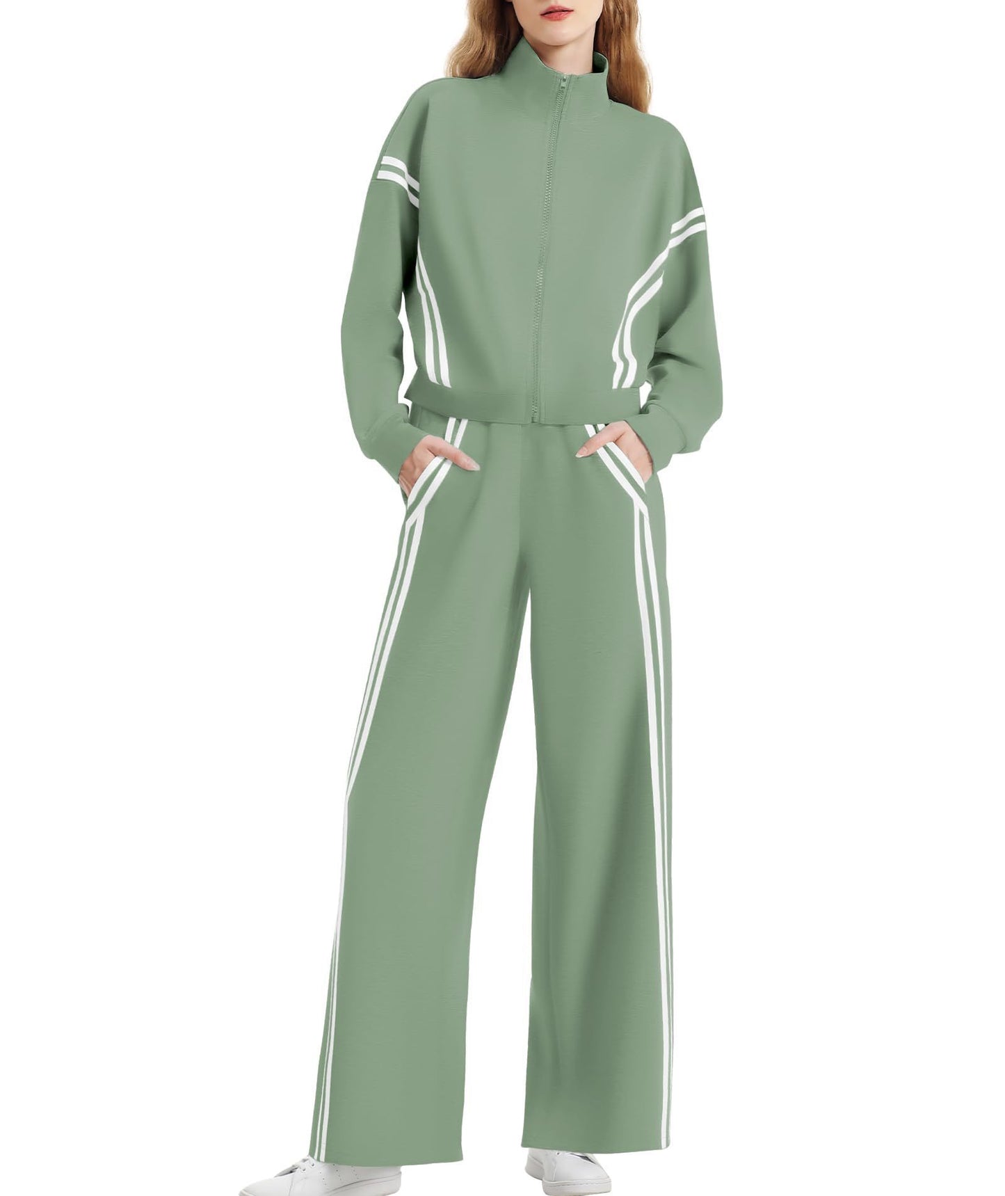 Wear Zipper Sports Contrast Color Striped Wide Leg Jogger Travel Fashion Casual Suit