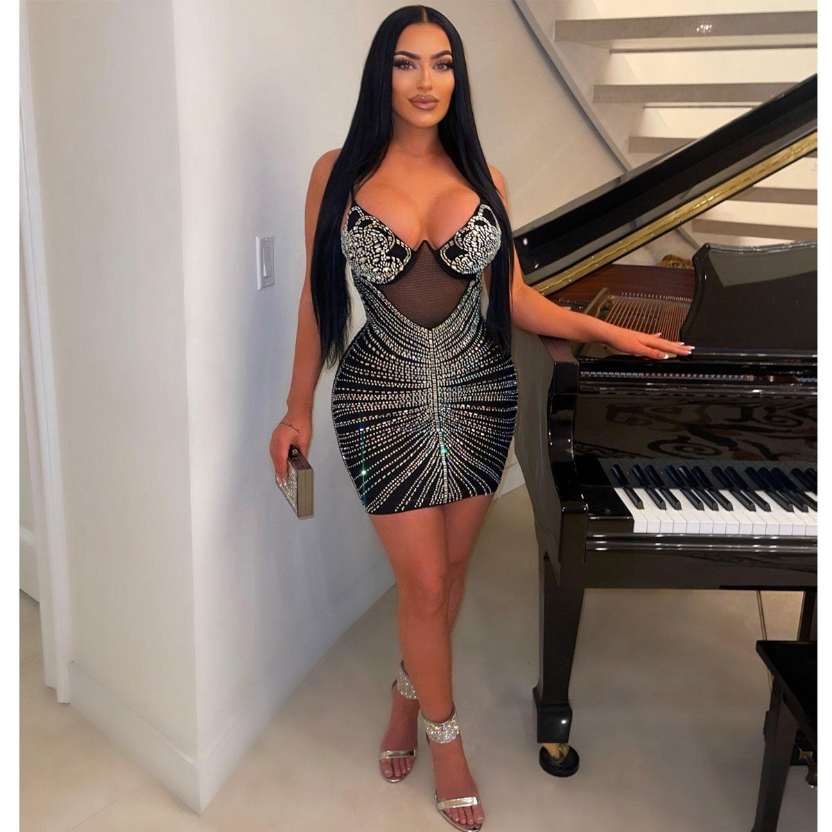 Sexy Rhinestone Strap Dress Nightclub Uniforms Dresses
